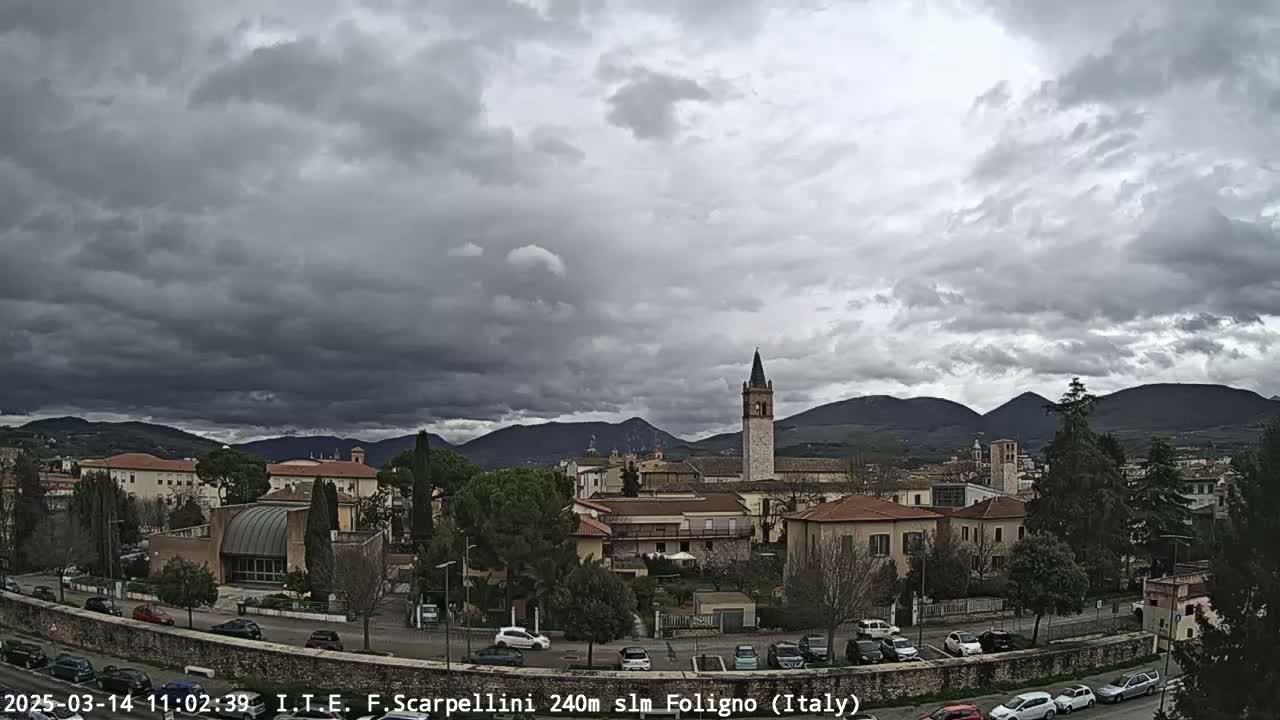 A view of a town nestled in a valley under a cloudy sky, with mountains in the background.