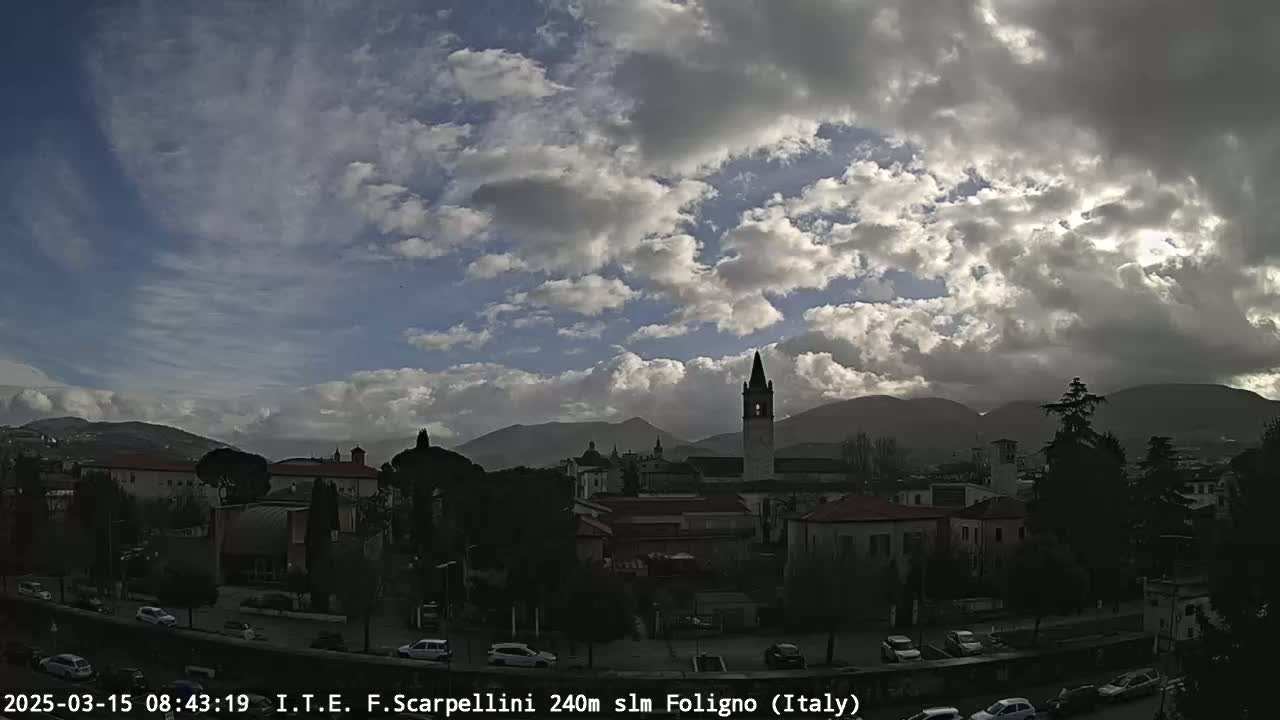 A partly cloudy sky overlooks a town nestled in a valley between mountains.