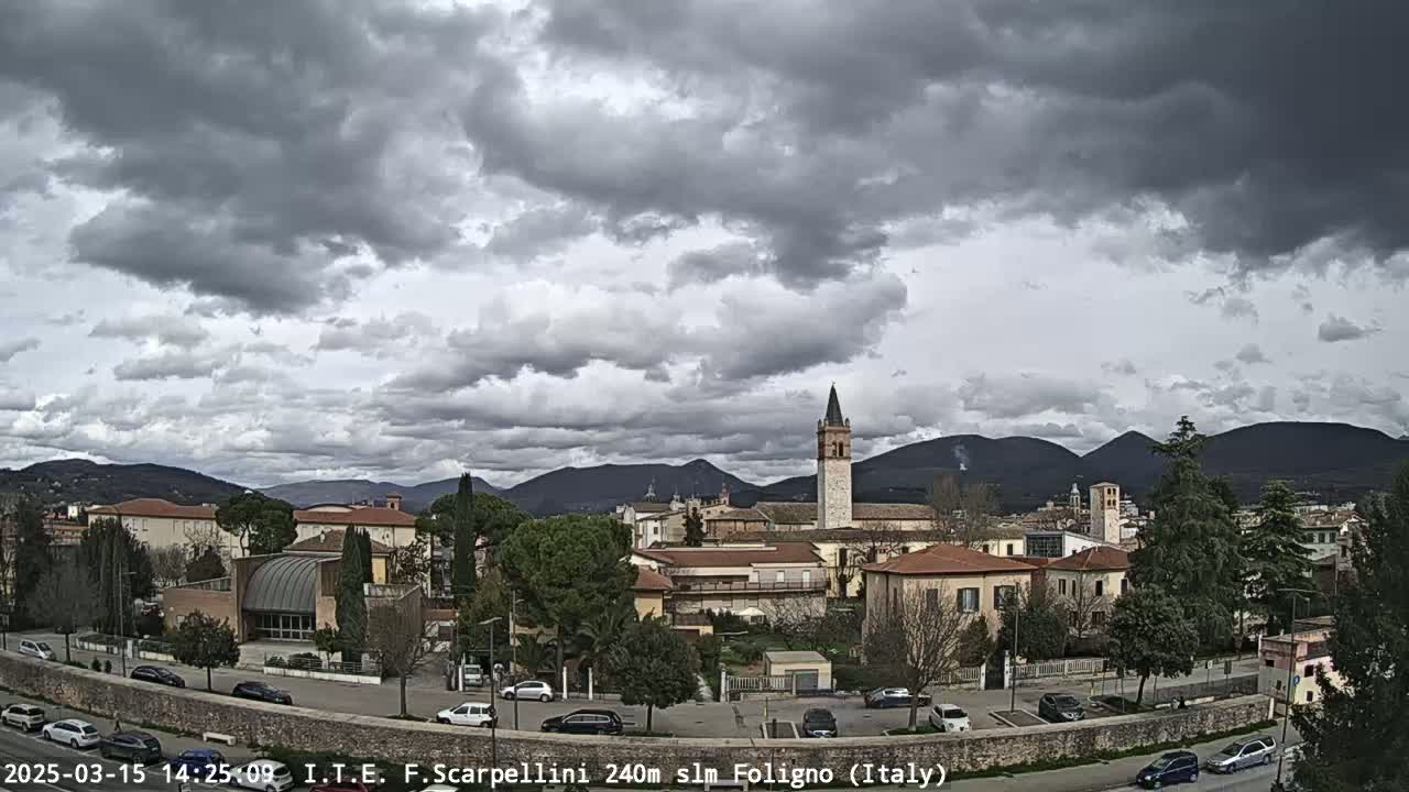 A town with low buildings and a tall bell tower is nestled in a valley under a mostly cloudy sky.