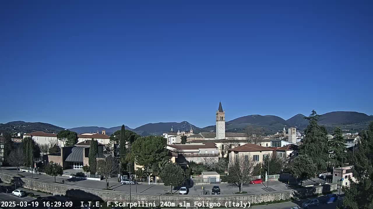 A clear, sunny day reveals a town nestled in a valley, surrounded by mountains, with a prominent bell tower at the center of the scene.