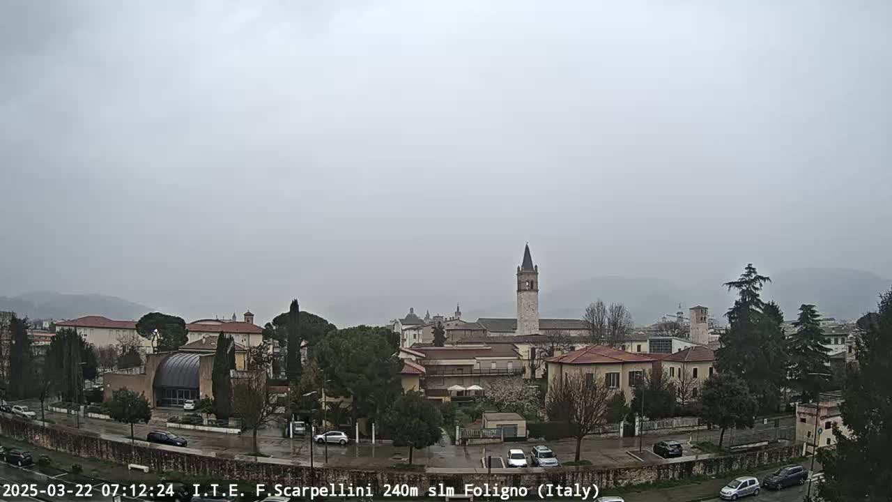 A town with red-roofed buildings and a tall bell tower is visible under an overcast, rainy sky, with low-lying hills in the background.