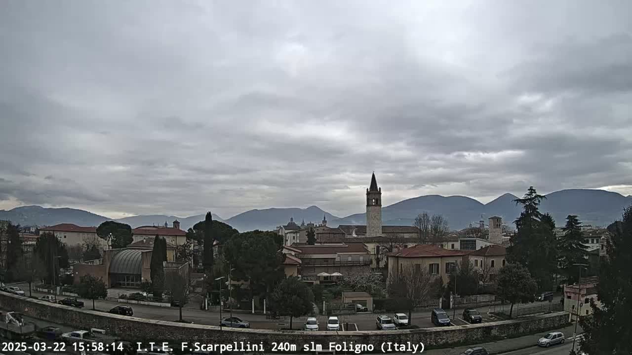 A cloudy day reveals a town nestled in a valley, with mountains in the background and a tall church tower prominently featured.
