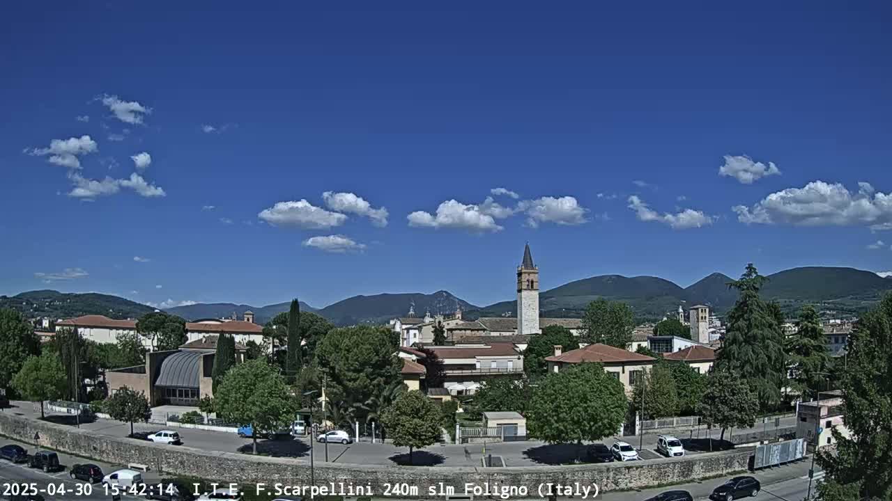 A partly sunny day reveals a cityscape nestled in a valley, with mountains in the background and a tall, slender tower as a prominent feature.