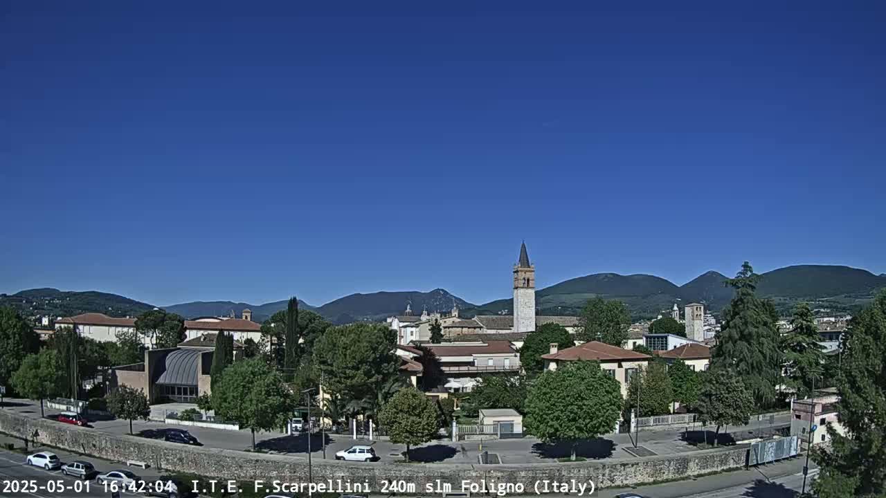 A picturesque town nestled in a valley, under a clear blue sky, with mountains in the background.
