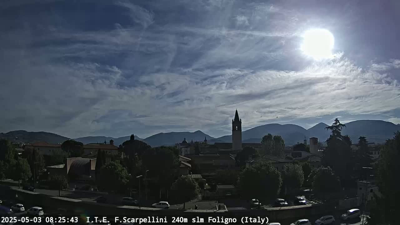 A partly cloudy, sunny day overlooks a town nestled amongst mountains, with a tall bell tower prominent in the scene.