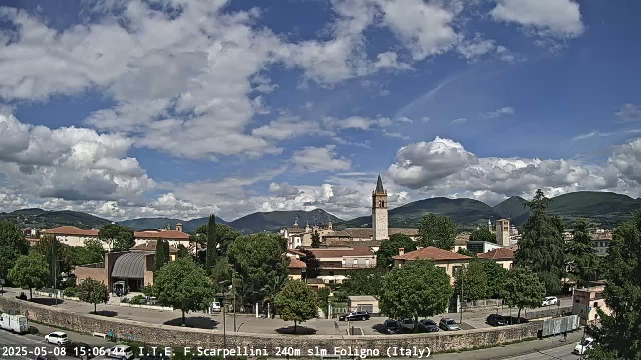 A partly cloudy sky overlooks a town nestled in a valley, with mountains in the background.