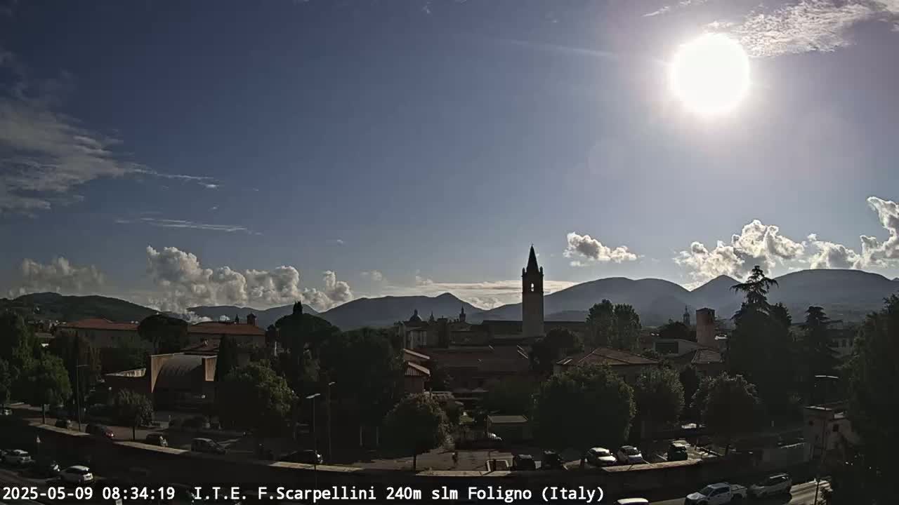 A sunny day reveals a town nestled amongst mountains, with a tall bell tower prominently featured in the cityscape.