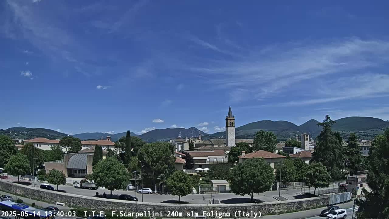 A sunny day reveals a town nestled among rolling hills, with a prominent bell tower in the center.