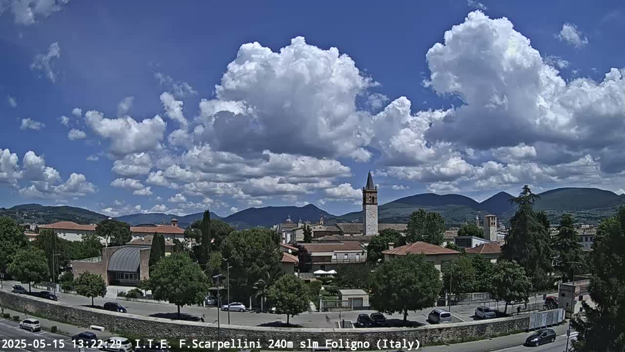 A partly cloudy day reveals a town nestled in a valley, with mountains in the background and a tall bell tower visible in the center.