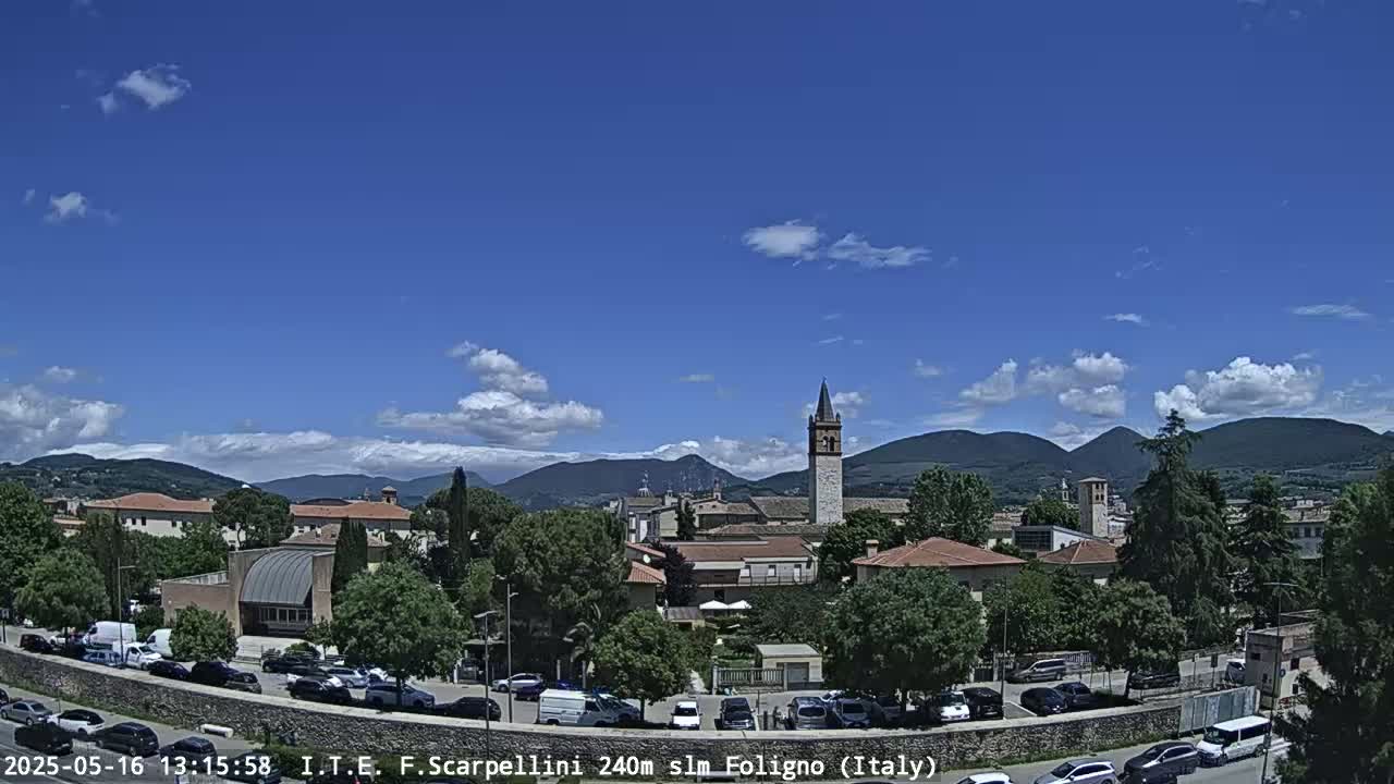 A partly sunny day reveals a town nestled among mountains, with a tall bell tower as a central feature, and cars parked in a lot in the foreground.