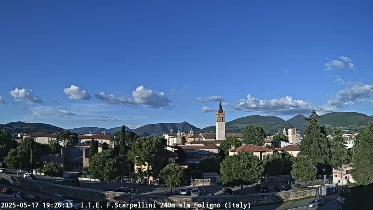 A sunny day reveals a cityscape nestled amongst rolling green hills, with a tall bell tower prominent amongst the buildings and a few fluffy clouds in the sky.
