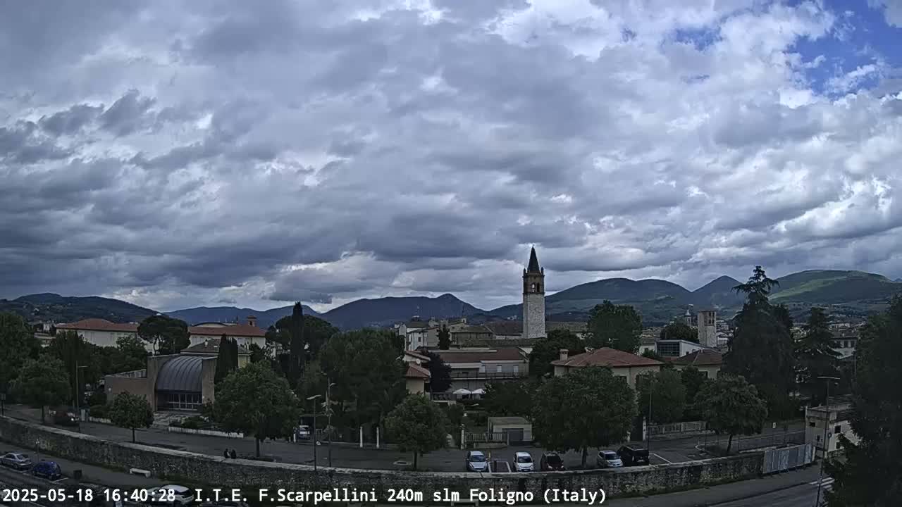 A town nestled in a valley under a cloudy sky, with mountains visible in the distance.