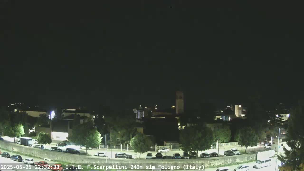 A nighttime, clear-sky view of a town with cars parked along a roadway and buildings in the background.