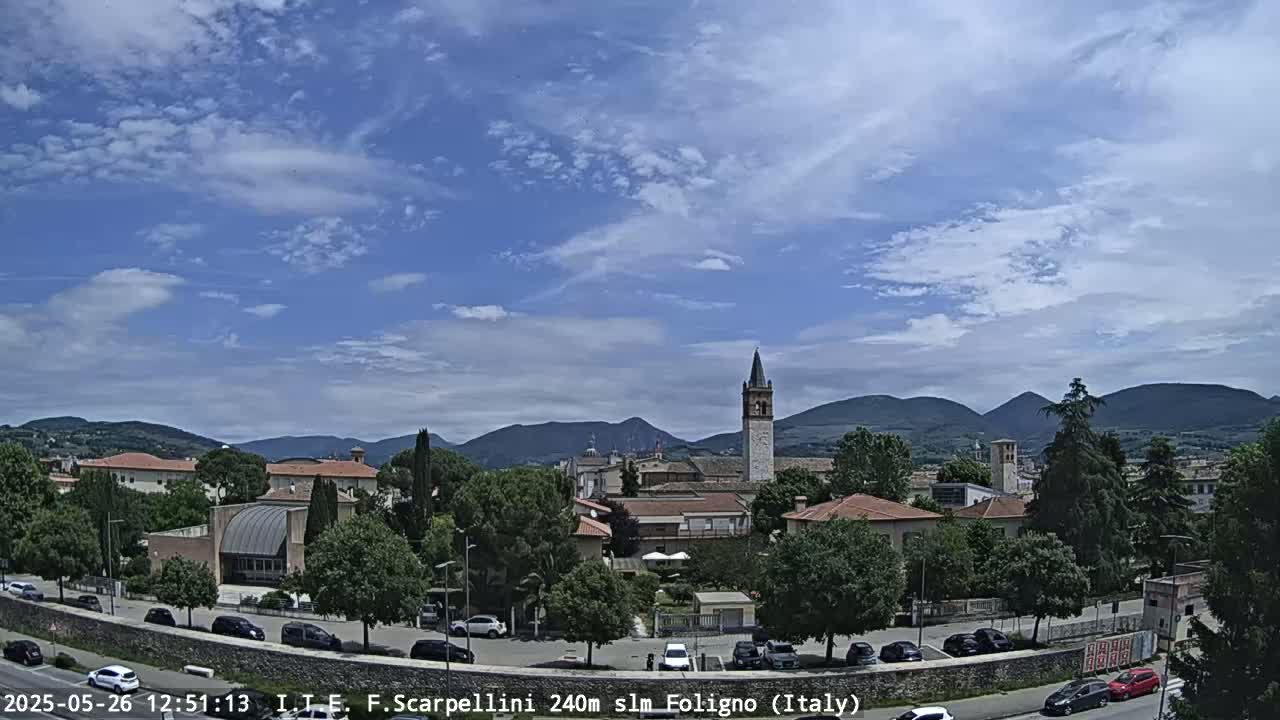 A partly cloudy day reveals a town nestled in a valley, overlooked by mountains, with a tall bell tower as a central feature.