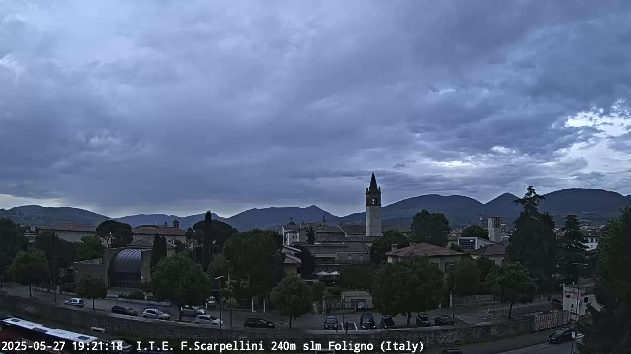 A town nestled in a valley under a mostly cloudy sky, with mountains visible in the background.