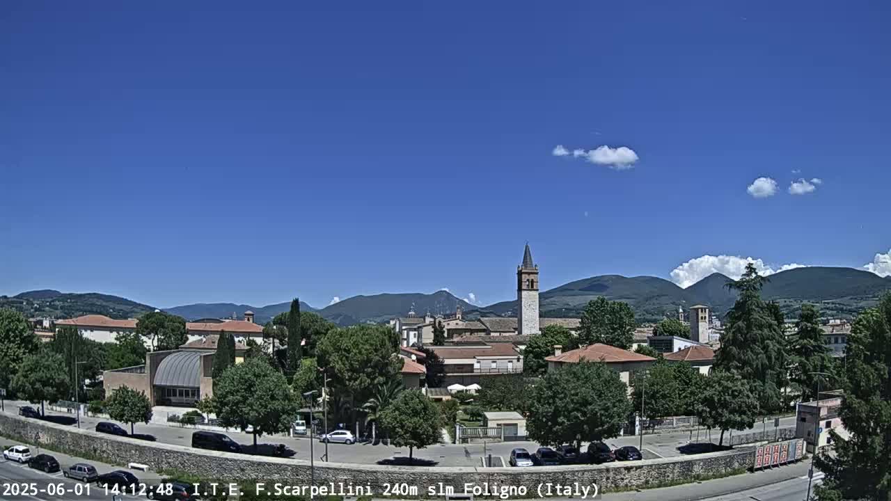 A mostly sunny day reveals a quaint town nestled against a backdrop of rolling hills, with a prominent bell tower standing tall in the center.
