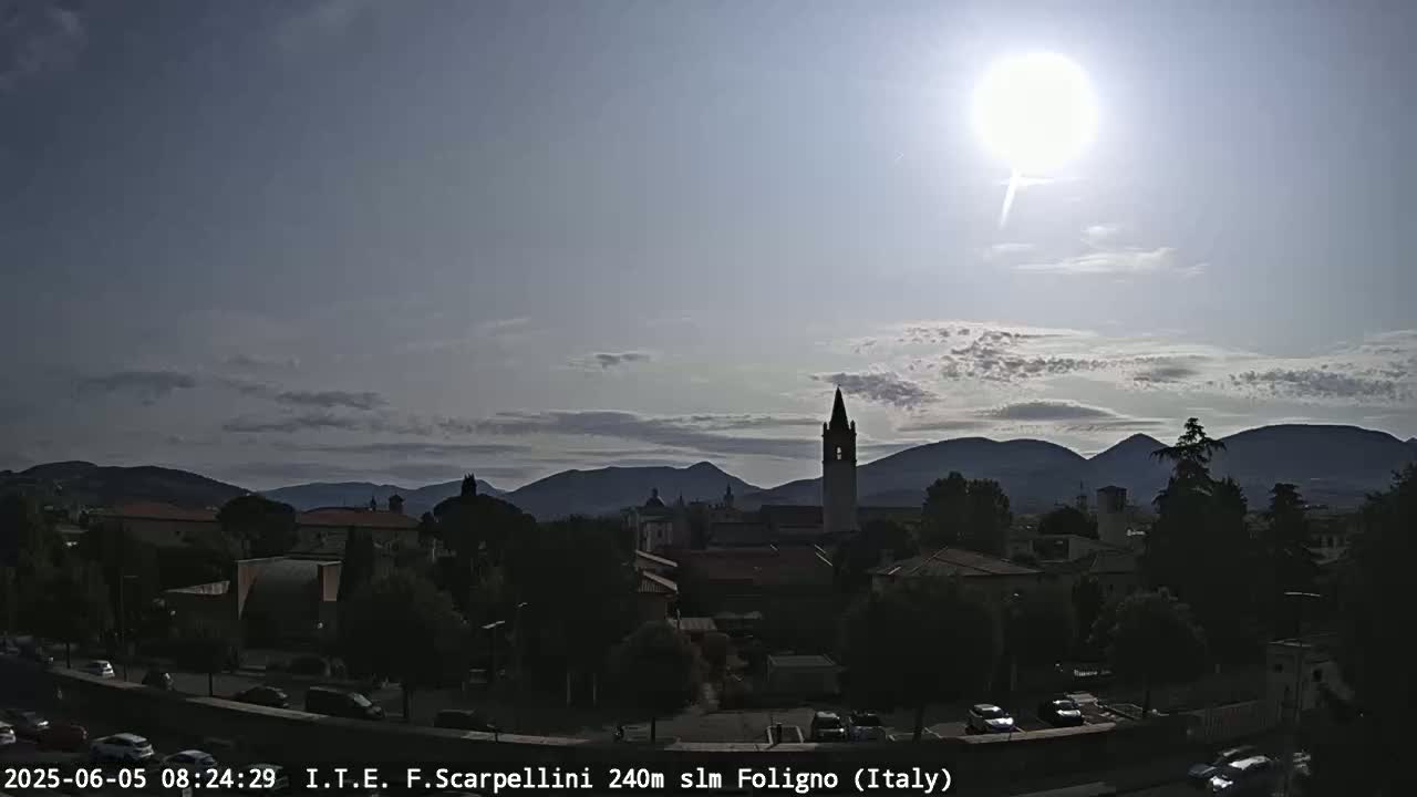 A partly sunny day reveals a town nestled amongst hills, with a tall church steeple prominent in the foreground.