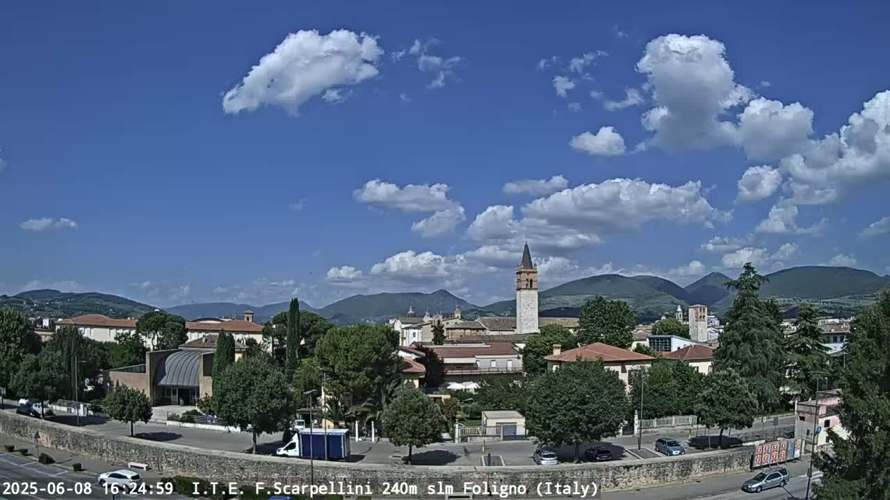 A partly cloudy day reveals a picturesque Italian town nestled in a valley, with mountains in the background.