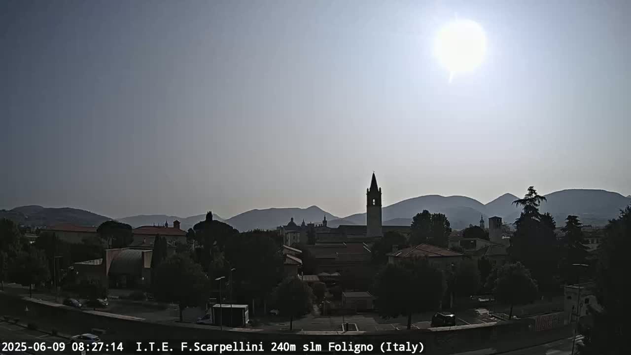 A hazy, sunny day overlooks a town nestled among low mountains, with a tall church steeple prominent in the mid-ground.
