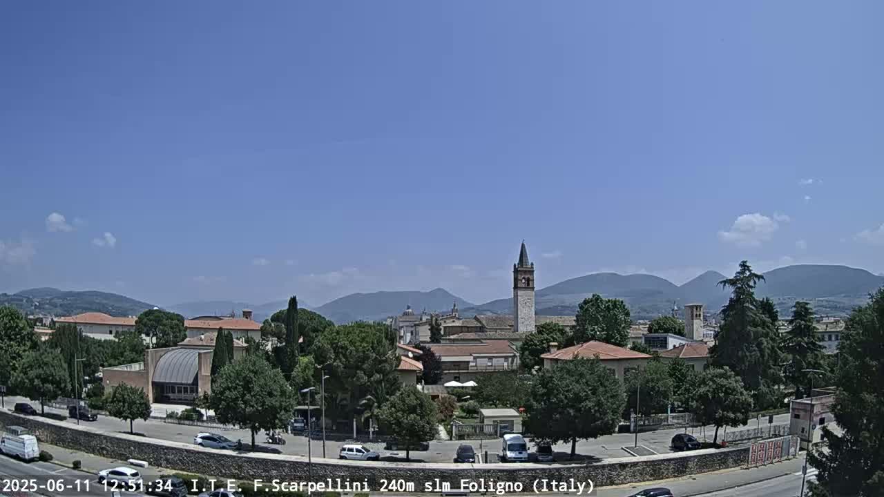 A sunny day reveals a picturesque Italian town nestled among mountains, with buildings and trees lining a road.