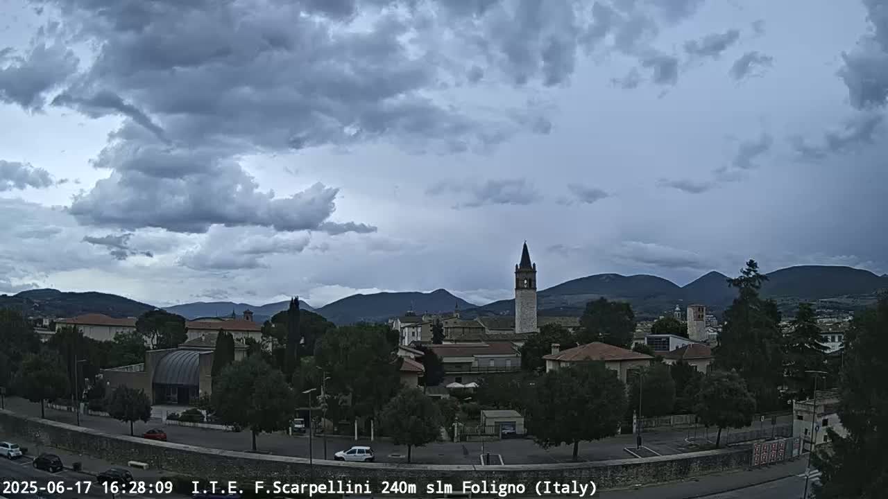 A town with a bell tower is nestled among green trees and mountains under a cloudy sky.