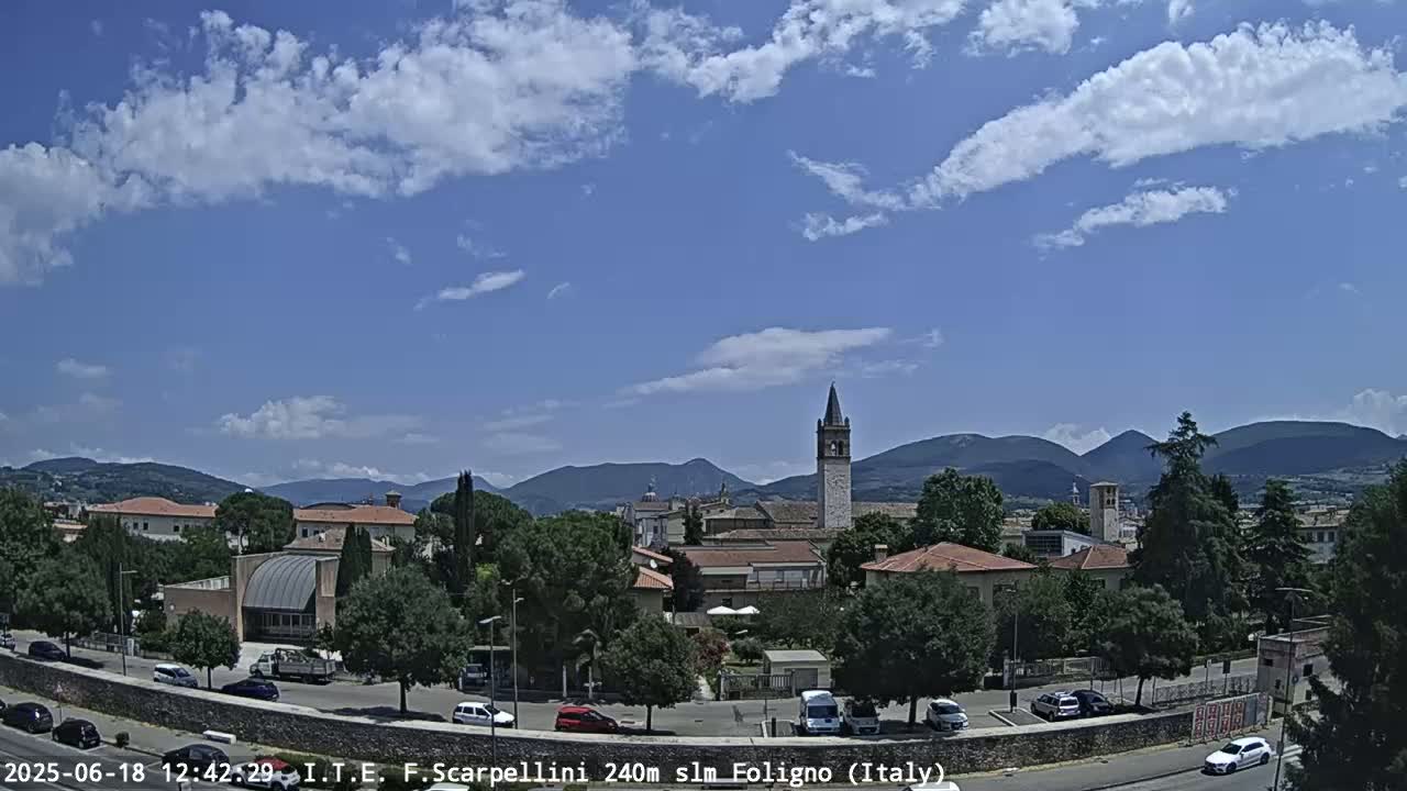 A partly sunny day reveals a quaint town nestled among rolling hills, with a tall bell tower standing prominently in the center.