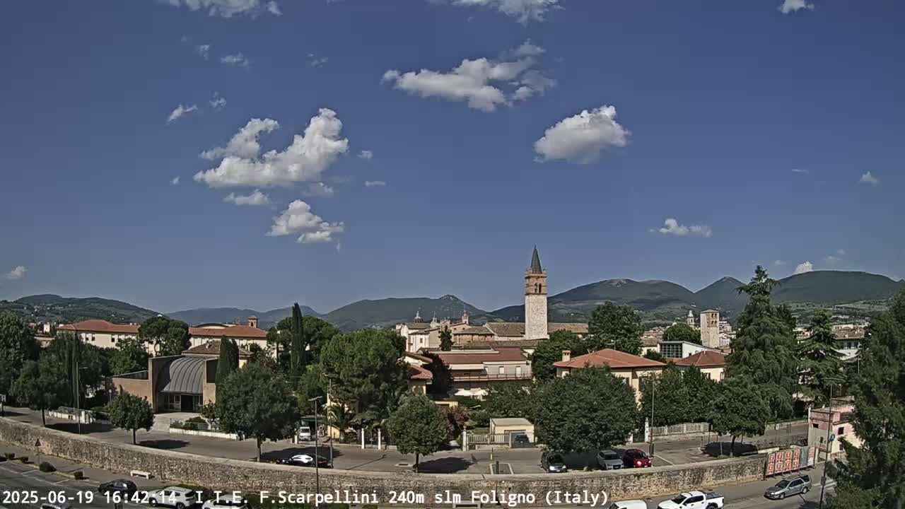 A partly sunny day reveals a picturesque Italian town nestled in a valley, with mountains in the background and a tall, slender tower prominent in the cityscape.