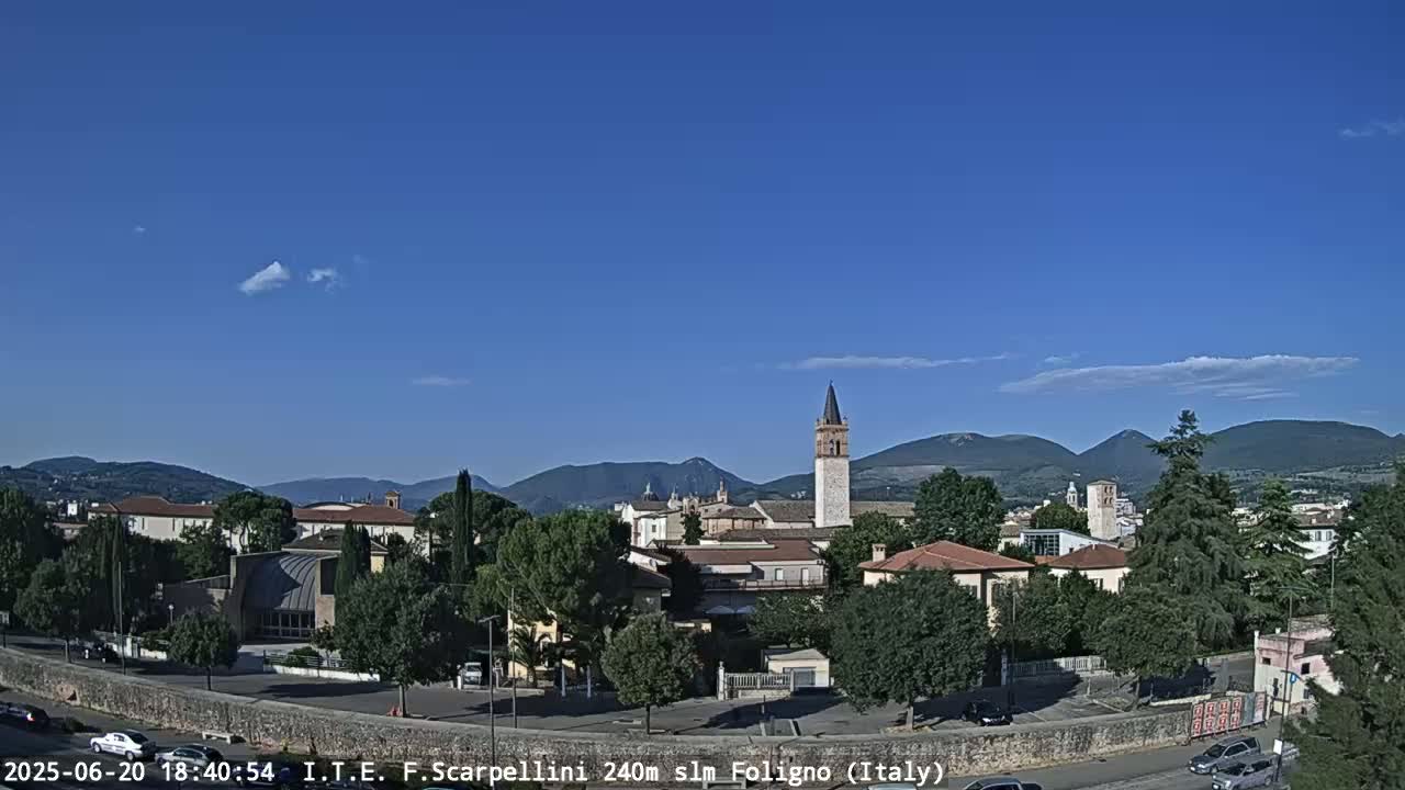 A partly sunny view of a town nestled in a valley, with mountains in the background.