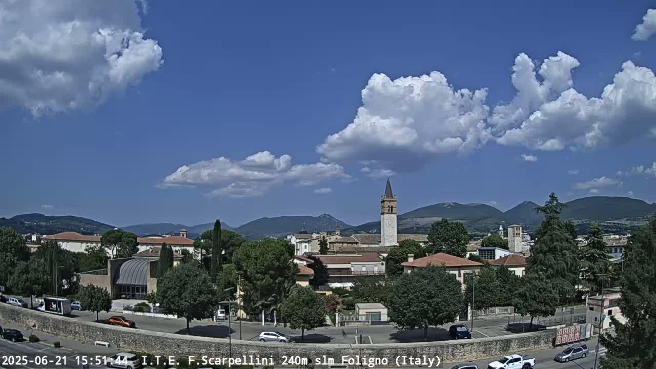 A partly cloudy day reveals a town nestled among green trees and mountains, with a tall bell tower prominent in the scene.