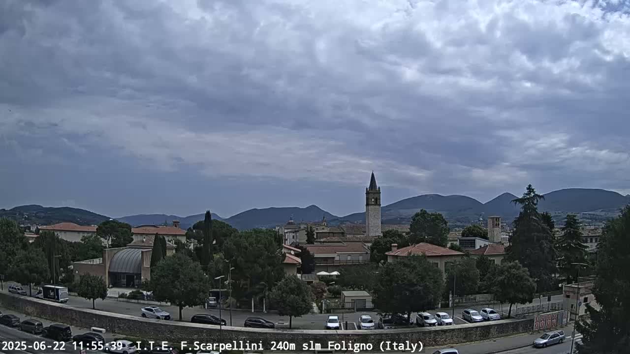 A cloudy day reveals a town nestled among hills, with a tall clock tower as a prominent feature.