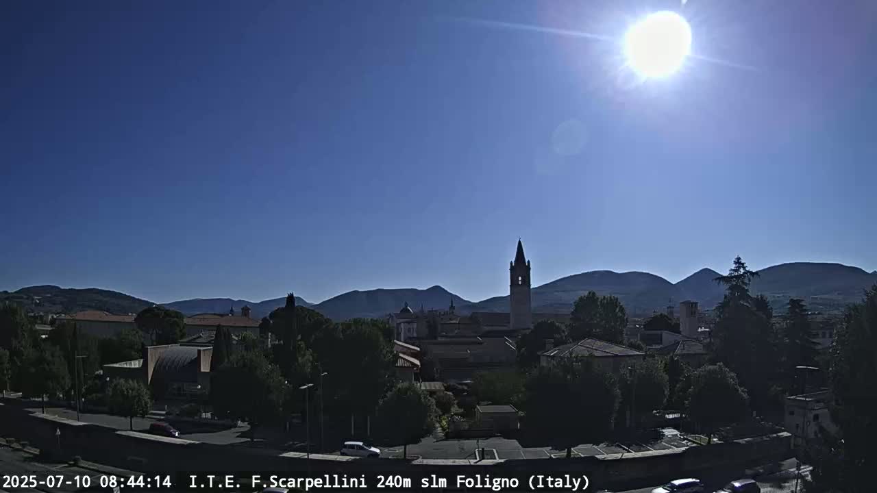A sunny day reveals a town nestled in a valley, with mountains in the background and a tall church steeple prominent in the foreground.