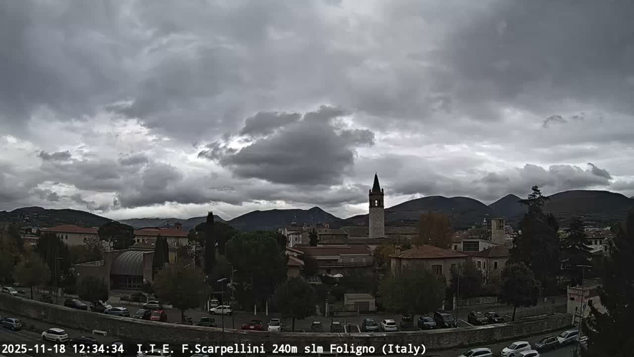 A clear night displays a town street with parked cars and trees, illuminated buildings, and a prominent distant tower.