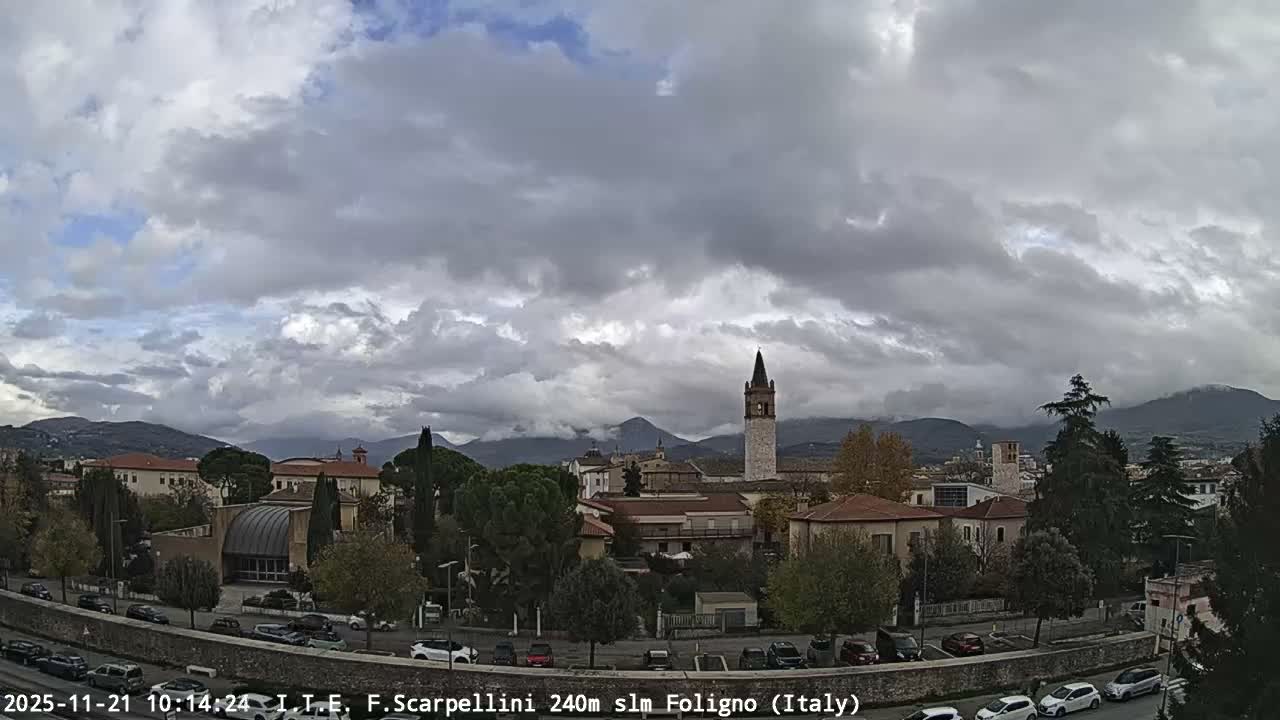 An elevated view captures a European town featuring a tall bell tower, various buildings, and streets with parked cars, all set against distant, cloud-shrouded mountains under a mostly overcast sky with scattered patches of blue.