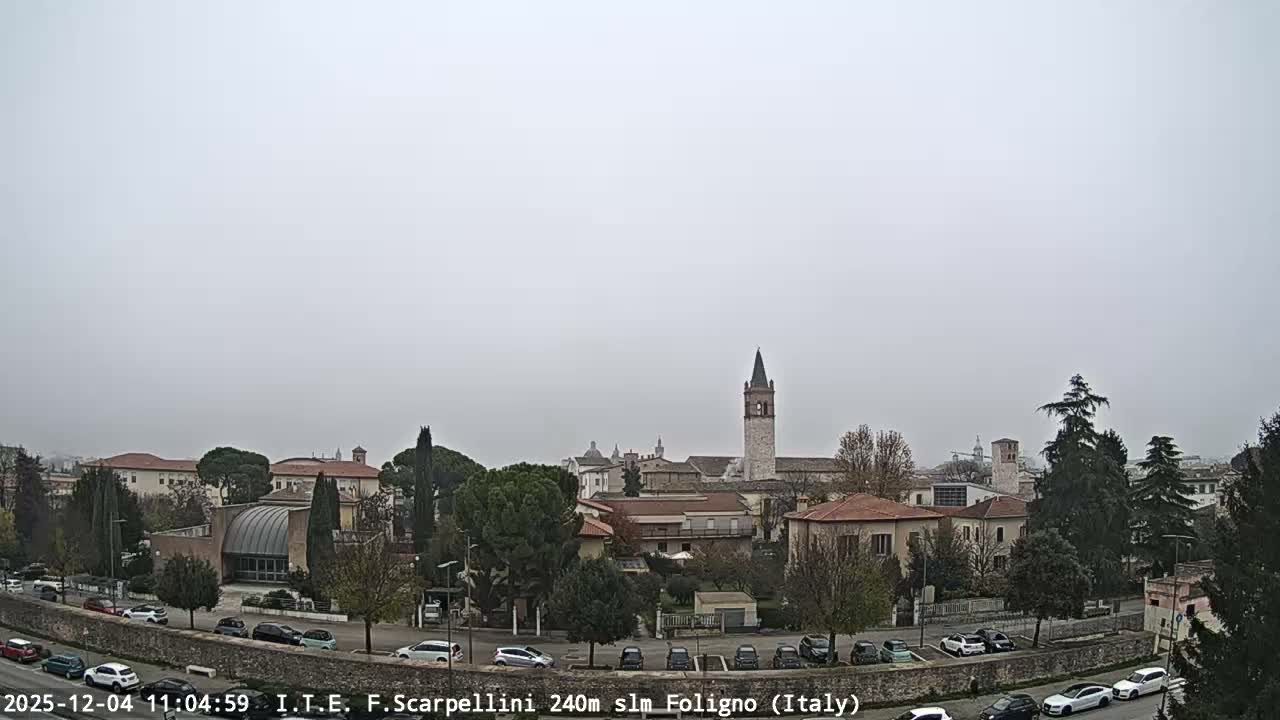 An expansive view of a European town on a uniformly gray, overcast day, featuring a mix of residential buildings, numerous trees, and streets lined with parked cars, all beneath a prominent church spire in the background.