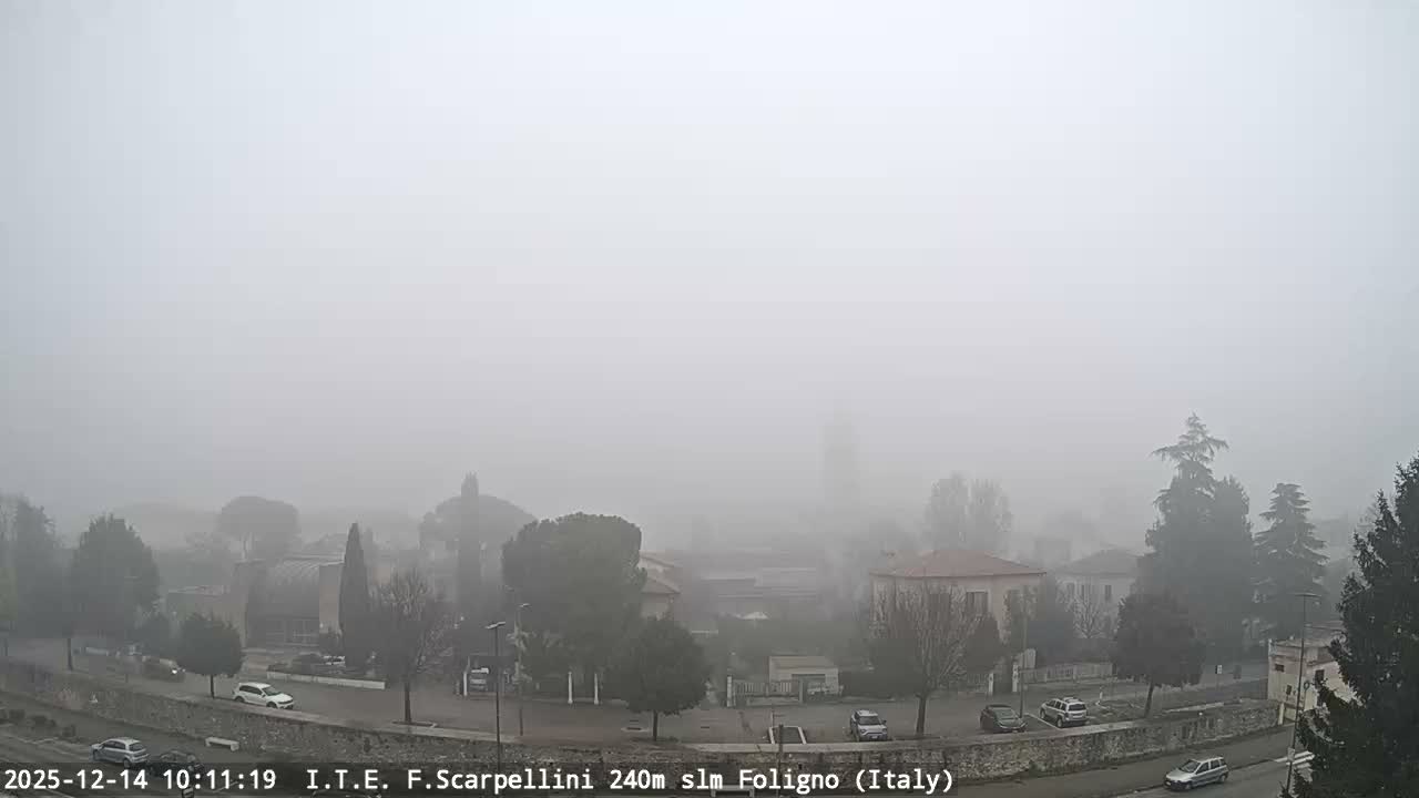 An expansive view of a European town on a uniformly gray, overcast day, featuring a mix of residential buildings, numerous trees, and streets lined with parked cars, all beneath a prominent church spire in the background.