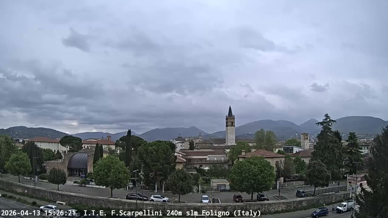 An expansive view of a European town on a uniformly gray, overcast day, featuring a mix of residential buildings, numerous trees, and streets lined with parked cars, all beneath a prominent church spire in the background.