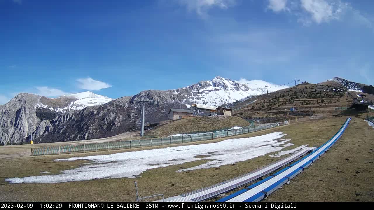 A mostly clear, sunny day reveals a snow-capped mountain range and a ski resort with grassy slopes and remnants of snow.