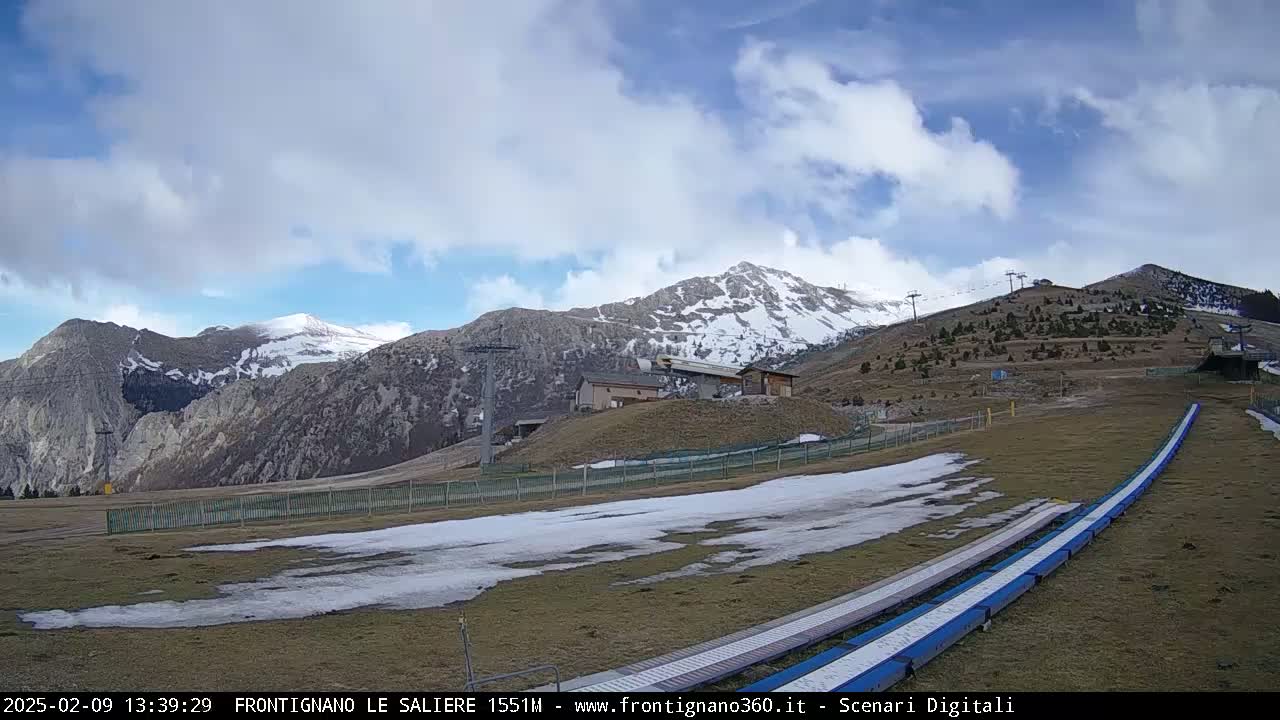 A partially snow-covered grassy hillside with ski lifts and a mountain range in the background under a partly cloudy sky.