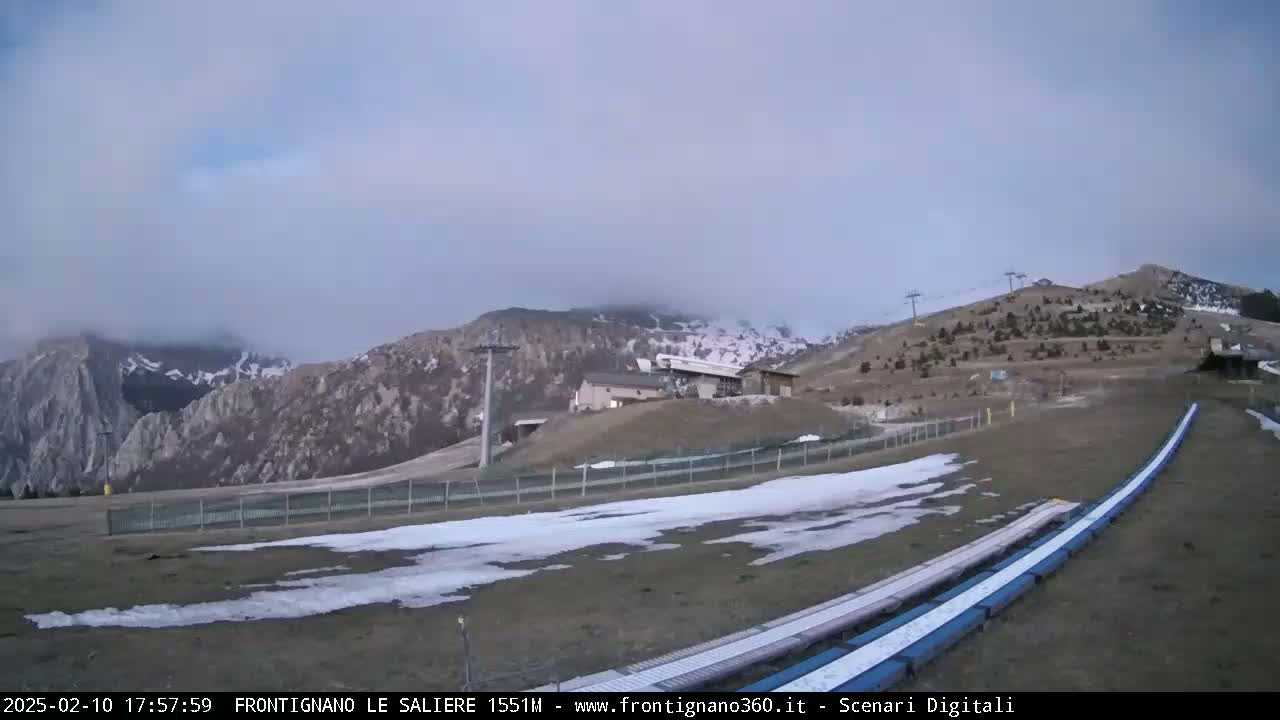 A mostly cloudy day reveals a mountainous landscape with patches of snow, a ski lift, and a long, flat toboggan run.