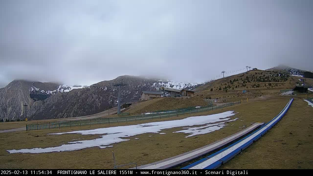 A mostly cloudy day with patches of snow on the ground and mountains in the background, showing a ski lift and what appears to be a ski slope.
