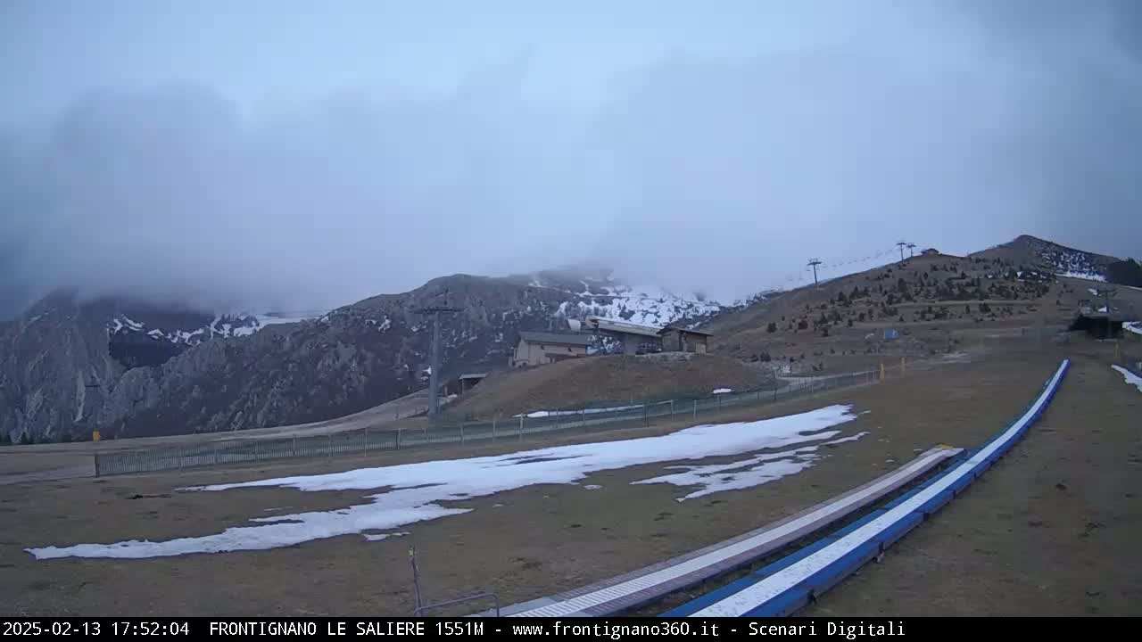 A mostly cloudy day reveals a snow-dusted mountain range with a ski lift and patches of snow on the ground in front of a building.