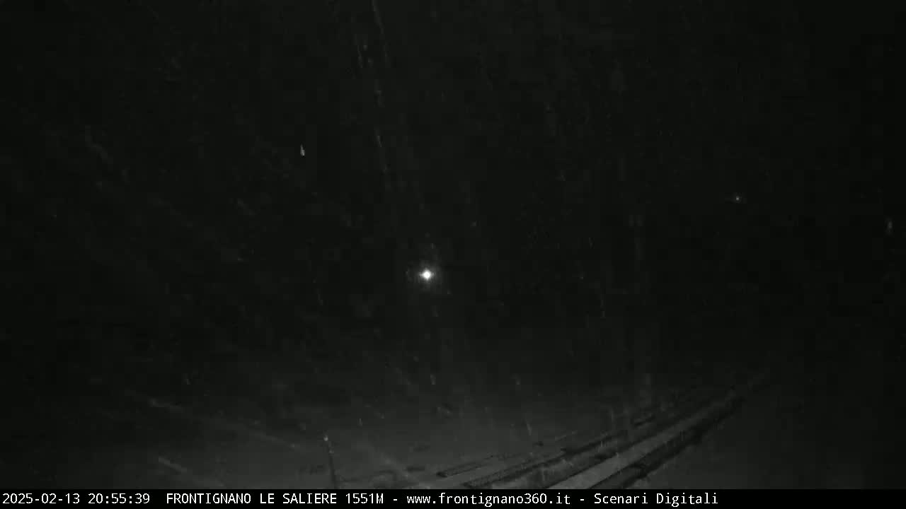 A nighttime, snowy scene shows a dark road or railway track through a wooded area, illuminated by a single, distant light source.