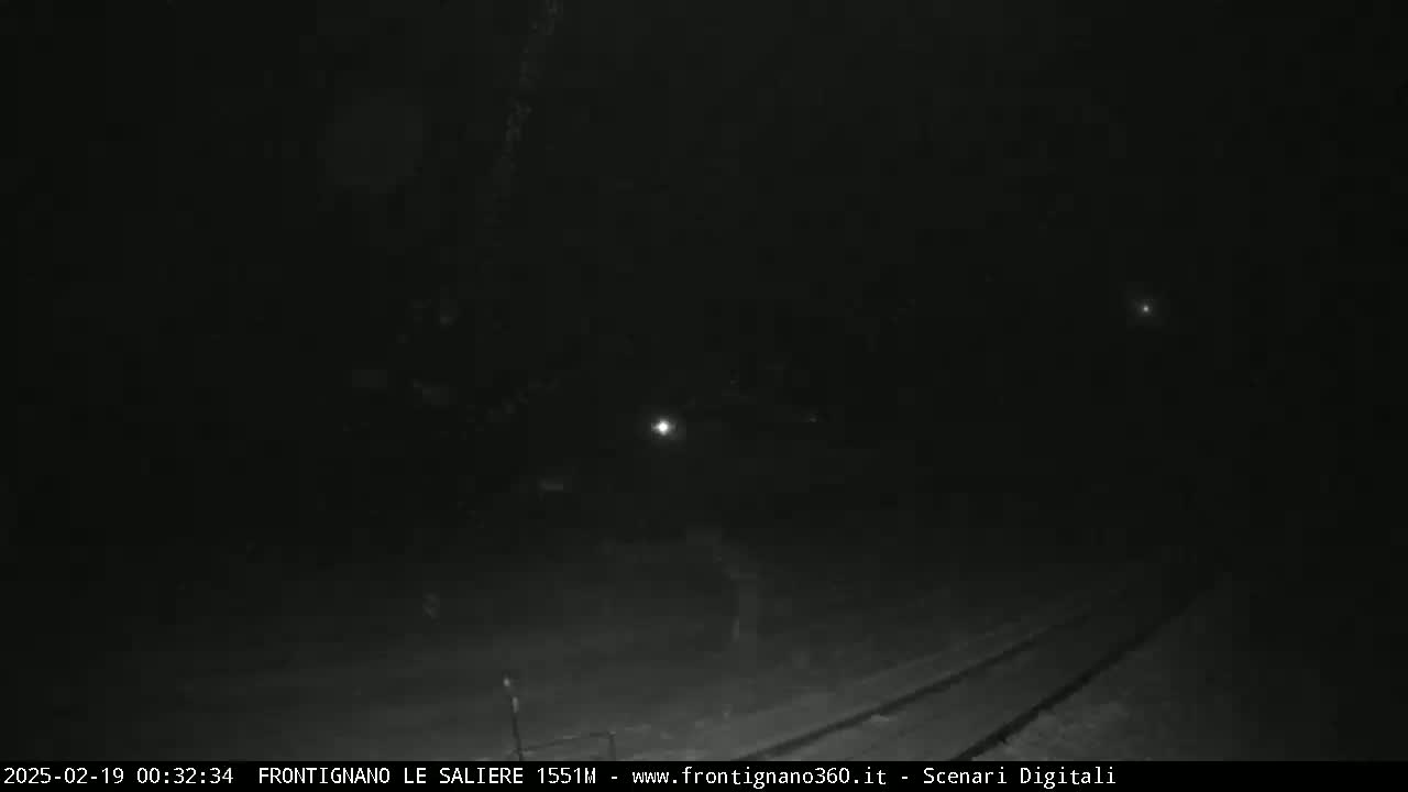 A nighttime low-light image shows a dark, possibly wooded area with faint lights in the distance and tire tracks visible on the ground.