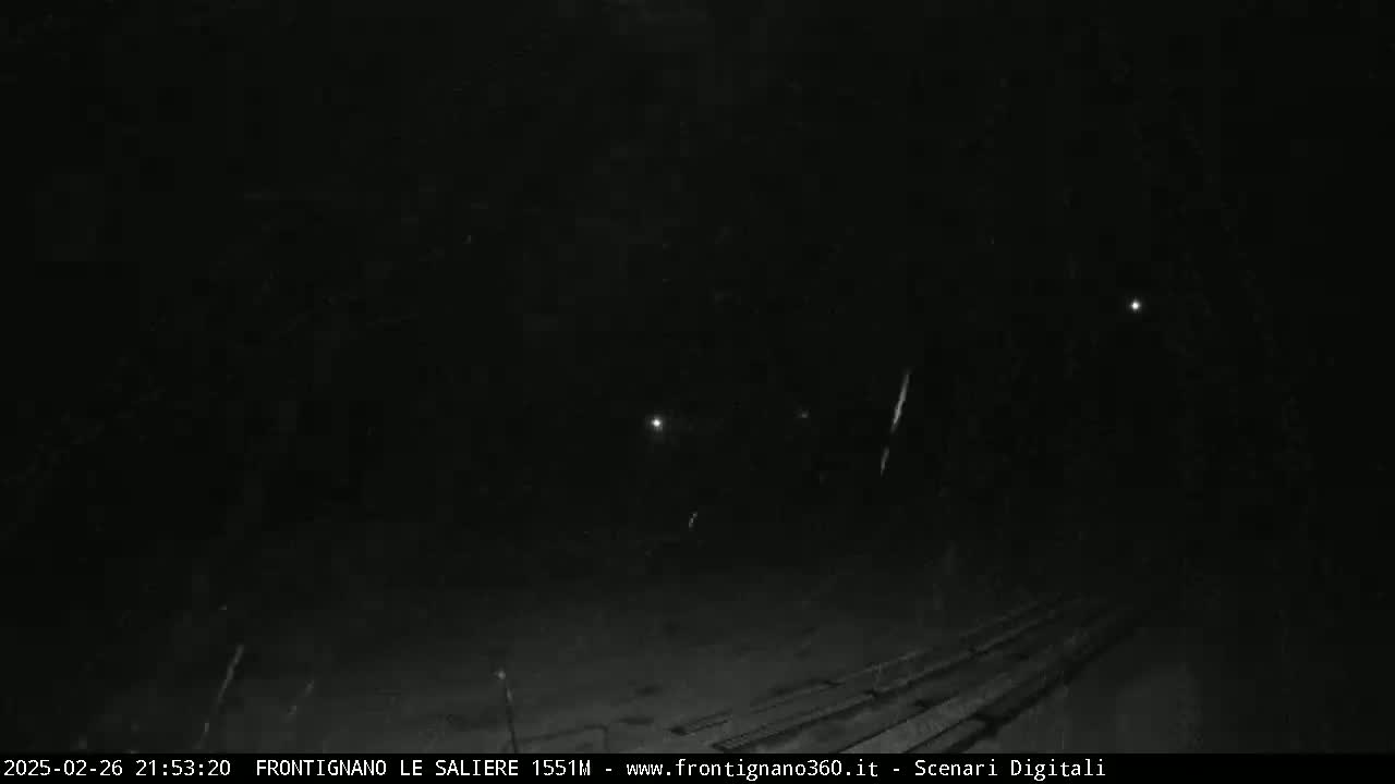 A dark, snowy night scene shows a section of railroad tracks and distant lights.