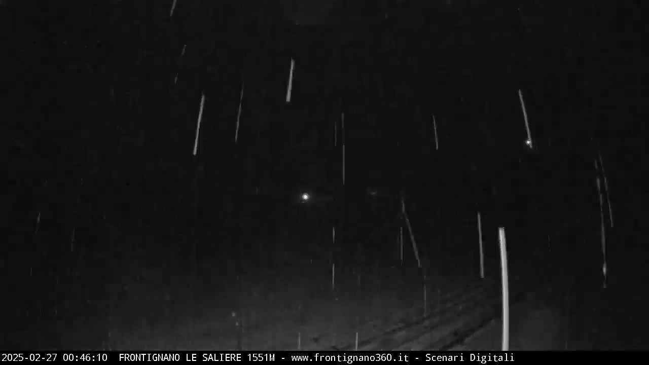 A nighttime outdoor scene shows heavy snow falling.