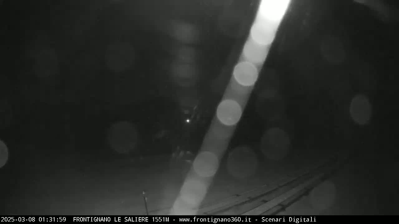 A nighttime, blurry, low-light image shows a dark scene with indistinct objects and bright circular light sources possibly from headlights or streetlights in snowy or foggy conditions.