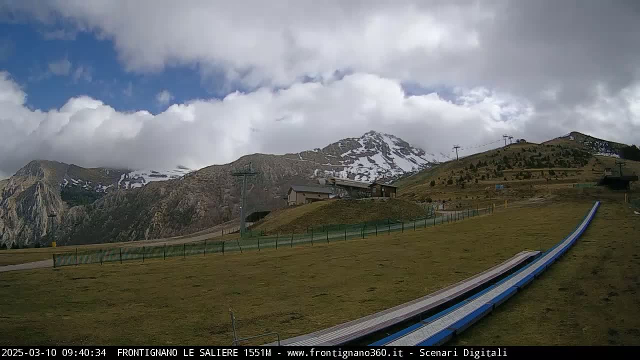 A partly cloudy day reveals snow-capped mountains, a ski lift, and grassy areas with two long ramps leading to a lower level.