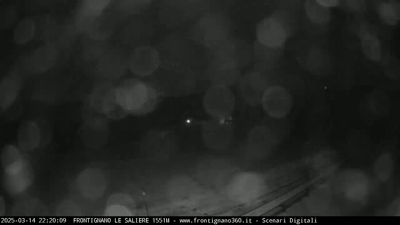 A nighttime outdoor scene shows heavy snow or rain obscuring the view of a dimly lit road.