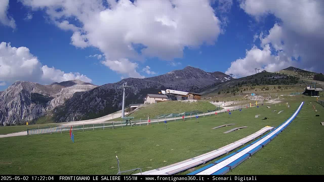 A grassy area with two long, white slides sits before a mountain range under a partly cloudy sky.