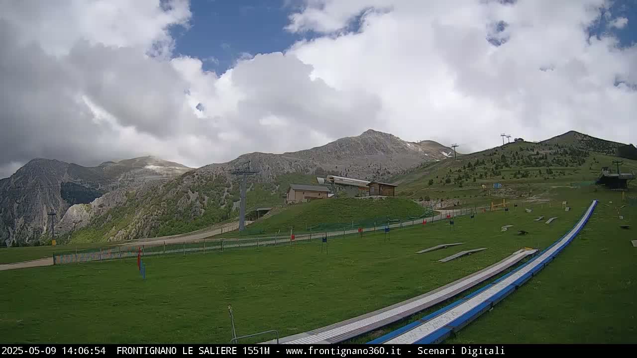 A grassy mountainside with ski lifts, small buildings, and two long, blue and white ramps under a partly cloudy sky.